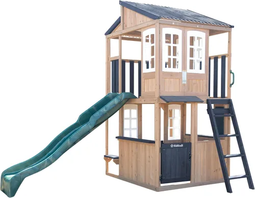Vista 4 de KidKraft Cliffbrook - Casa de juegos de madera para exteriores de dos pisos con tobogán