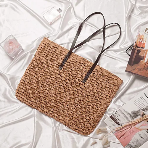 Vista 6 de VODIU Bolso de mano clásico de paja para mujer, bolso de hombro de playa bohemio