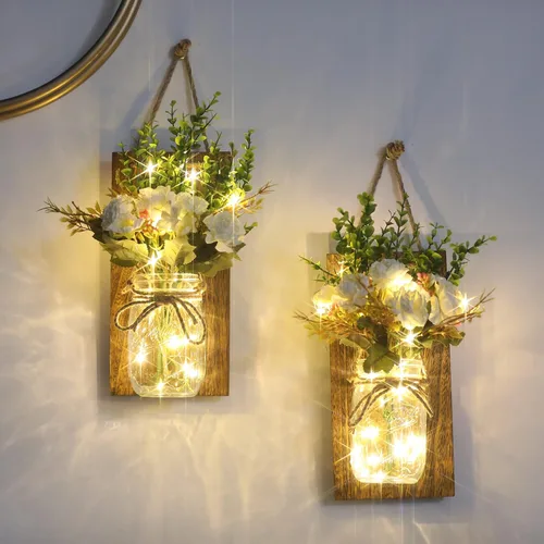 Vista 2 de Lightess Decoración de pared con tarro de masón, apliques de pared rústicos con control remoto Decoración del hogar, luces de hadas LED, luces