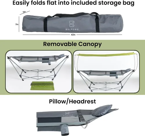 Vista 3 de Lucania Hamaca portátil con soporte y dosel, hamaca plegable independiente resistente para interiores, exteriores, campamento, patio y patio trasero