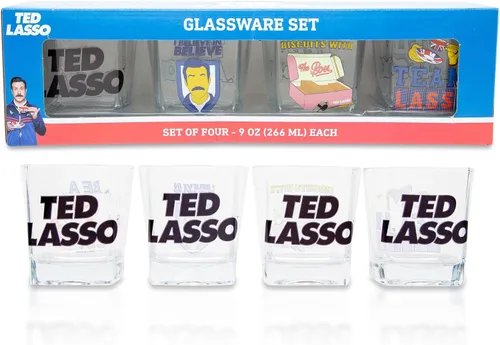 Vista 2 de Silver Buffalo Ted Lasso - Mini vasos de 10 onzas, juego de 4 vasos de whisky para bar en casa, cocina