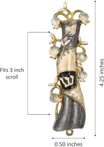 Vista 6 de Matashi Mezuzah para puerta con pergamino, pintado a mano gris y dorado esmalte mezuzah funda, ramas y cristales de granada, forma de cuerno