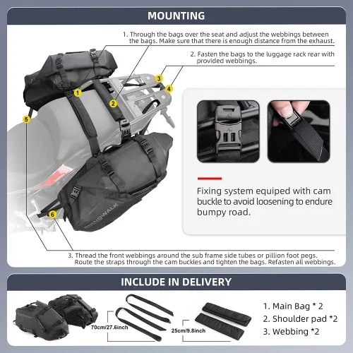 Vista 4 de Rhinowalk Bolsas de sillín impermeables antivibración para motocicleta, bolsas laterales para moto, bolsas de hombro para moto, alforjas de moto 18L