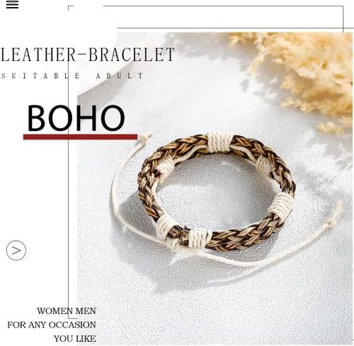 Vista 2 de Pulsera tejida de cuero para hombres y mujeres, pulseras vintage bohemias, pulsera trenzada ajustable hecha a mano para vacaciones, Talla única