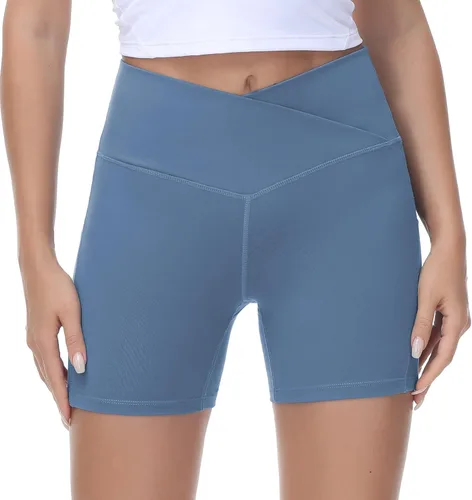 Vista 4 de Pantalones cortos de entrenamiento de cintura cruzada para mujer, con control de abdomen, de elastano, con bolsillos profundos