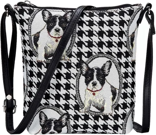 Vista 3 de Signare Tapiz pequeño bandolera para mujer con diseño de bulldog francés en blanco y negro (plateado), FRENCH BULLDOG