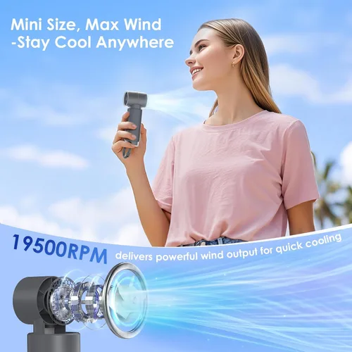 Vista 3 de Miniventilador portátil de mano, diseño de bolsillo pequeño personal, potente motor Trubo de 19500 RPM, tiempo de enfriamiento máximo de 10 horas