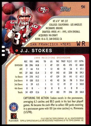 Vista 2 de 2000 Topps Stadium Club J.J. Stokes #91 NM Near Mint San Francisco 49ers