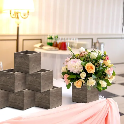 Vista 4 de Suzile Juego de 12 Cajas Plantadoras de Madera de 5 Pulgadas Jarrones Cuadrados de Flores para Centro de Mesa Caja Plantadora Cúbica Rústica