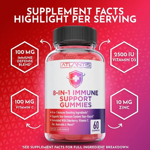 Vista 6 de Atlantis Nutrition Gomitas de apoyo inmunológico 8 en 1 con saúco Suplemento inmunológico con saúco, quercetina, zinc, vitamina C - Potenciadores