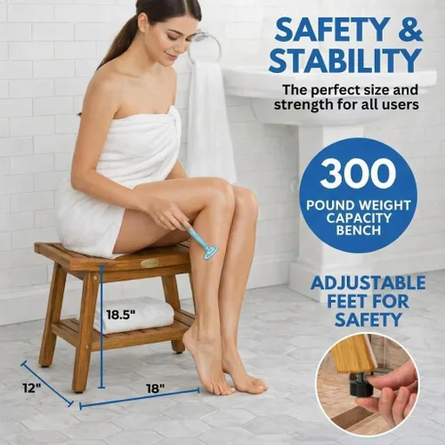 Vista 5 de EcoDecors Banco de teca para ducha de 18 pulgadas, banco de ducha de madera de teca impermeable, asiento de baño con estante, capacidad de 300