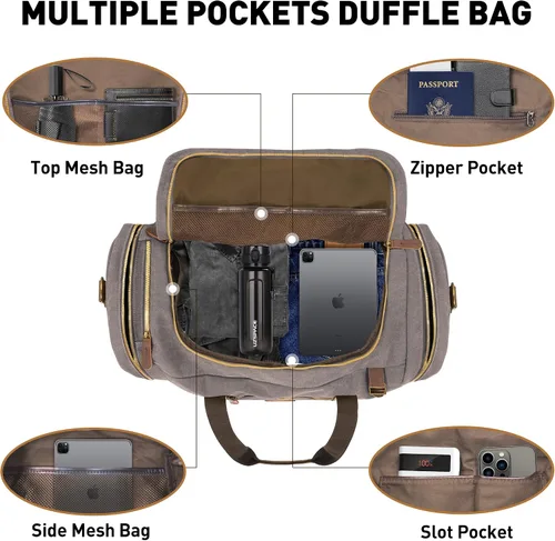 Vista 4 de Nomad - Bolsas de viaje de 50 litros para hombre, bolsa de lona de lona vintage de cuero genuino, bolsa de viaje multifuncional para fines de semana