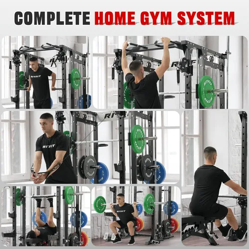Vista 5 de RitFit Máquina Buffalo Smith, jaula eléctrica con sistema LAT-Pull Down y sistema de cruce de cables, estante de sentadillas todo en uno