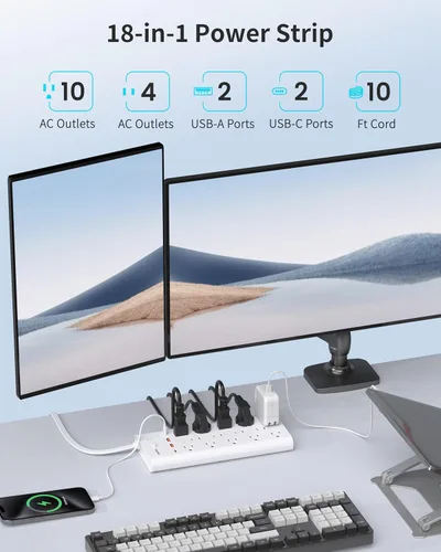 Vista 2 de Regleta de alimentación con protector de sobretensión, extensor de toma y 14 enchufes y 4 puertos USB (2 USB C), cable de extensión de 10 pies