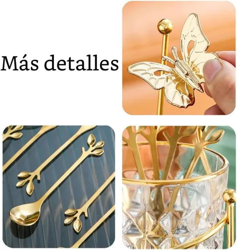 Vista 5 de Juego de 6 cucharas de café con soporte de vidrio, Juego de cucharas pequeñas de té de acero inoxidable dorado, Juego de mini cucharas de postre
