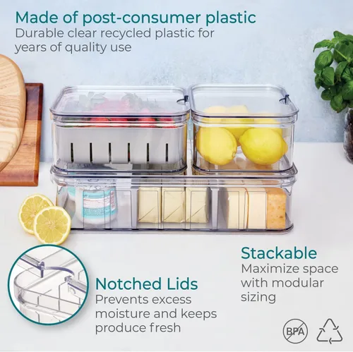Vista 4 de iDesign Crisp - Juego de 3 cubos organizadores de plástico reciclado con tapas, transparente/gris