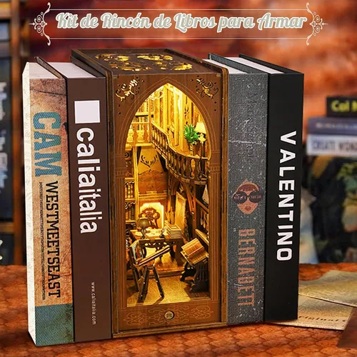 Vista 2 de Kit de Rincón de Libros, MOJINO Rompecabezas 3D en Miniatura DIY Sujetalibros de Madera Casa de Muñecas con Luces LED para Decoración de Estantería