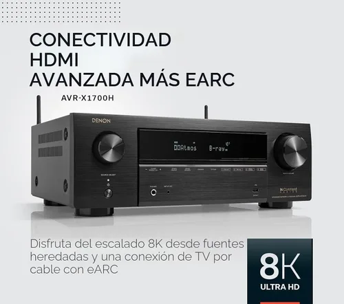 Vista 5 de Denon AVR-X1700H Receptor AV de 7.2 canales - 80W/canal, video HDMI 8K avanzado con eARC, Dolby Atmos, DTS:X, HEOS integrado, control de voz