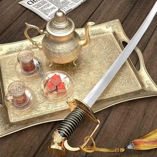 Vista 2 de Sable de champán con mango dorado y caja de regalo de madera, abridor de champán de espada pirata, cuchillo de vino espumoso, cuchillo de champán