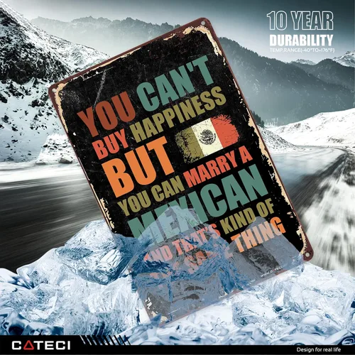 Vista 4 de COTECI Letrero de hojalata mexicana con texto en inglés "You Can't Buy Happiness But You Can Marry A Mexican Tin Sign Home Decor Farmhouse Modern