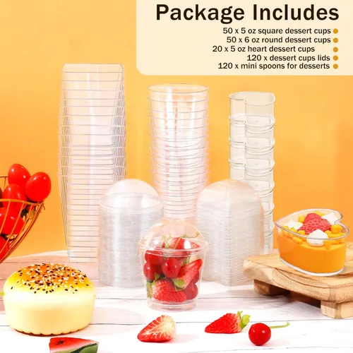 Vista 3 de Paquete de 360 tazas de postre de 5 onzas y 6 onzas con tapas y cucharas, 3 estilos de vasos de plástico transparente para aperitivos, desechables