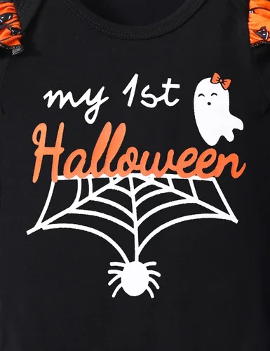Vista 6 de MIGU My First Halloween Baby Girl Outfit Halloween Costumes Bat Ruffle Romper Tops + Pants 3pcs Halloween Infant Baby Clothes