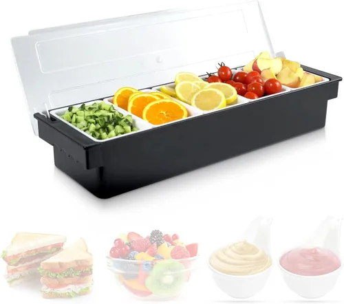 Vista 12 de Bandeja con tapa para frutas, verduras y condimentos con estación de guarnición para bartending y servicio de tacos (2, 3 compartimentos)