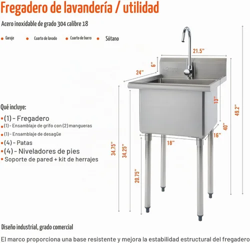 Vista 3 de TRINITY BASICS Fregadero independiente de acero inoxidable de un solo compartimento con grifo cromado, certificado NSF, para garaje, lavandería