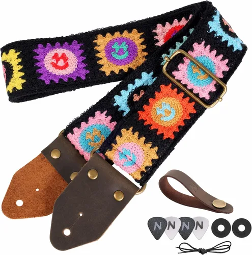 Vista 26 de Nefelibata Correa de guitarra, correas de guitarra de algodón bordado jacquard con extremos de cuero de caballo loco para bajo, eléctrico