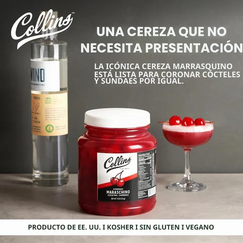 Vista 2 de Collins - Cerezas marrasquinas con Tallo de 72 onzas, guarnición de cóctel a granel para cócteles sin alcohol, postres y helados sundae, cerezas