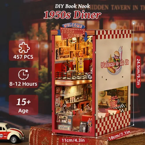 Vista 4 de fifijoy Kit de Rincón de Libros - Kit de Casa en Miniatura DIY para Adultos, Kit de Construcción de Casa Pequeña Cafetería Retro de los años 50
