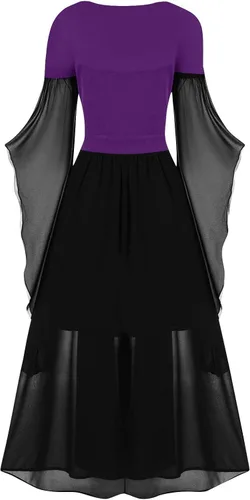 Vista 3 de Disfraz renacentista para mujer, con mangas de trompeta, estilo bohemio, vestido de Halloween, hombros descubiertos, vestido de manga de mariposa