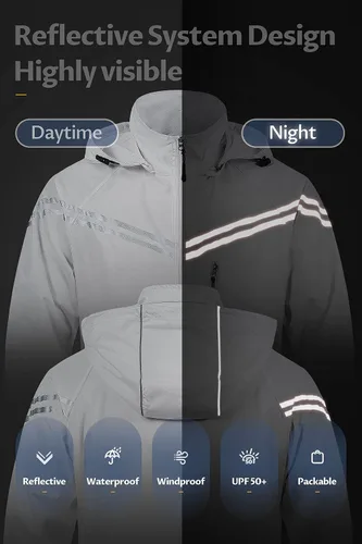 Vista 2 de CREATMO US Abrigos de lluvia impermeables para hombre, chaqueta de ciclismo reflectante con capucha extraíble