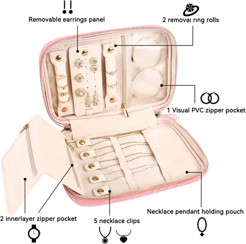 Vista 3 de Voova Estuche organizador de joyas de viaje pequeña bolsa de almacenamiento de joyas de viaje para mujeres y niñas bolsa portátil para anillos