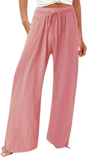 Vista 24 de SHAOBGE Pantalones palazzo de verano para mujer, cintura alta, pierna ancha, casual, cintura elástica, pantalones de playa con bolsillos