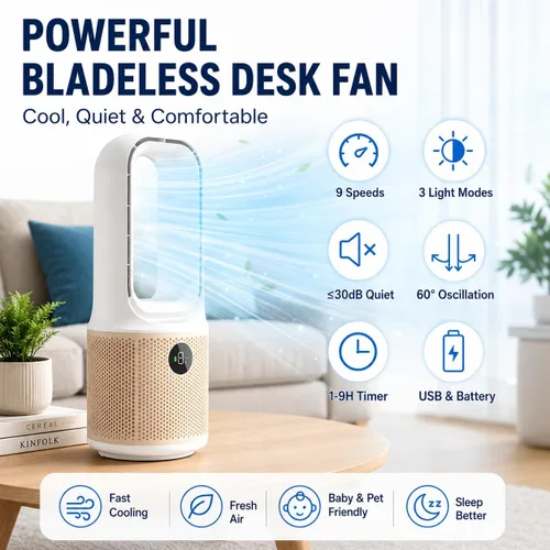 Vista 2 de Ventilador de escritorio, pequeño ventilador silencioso sin aspas con ajuste de 9 velocidades y 3 modos de luz, recargable por USB de 14 pulgadas