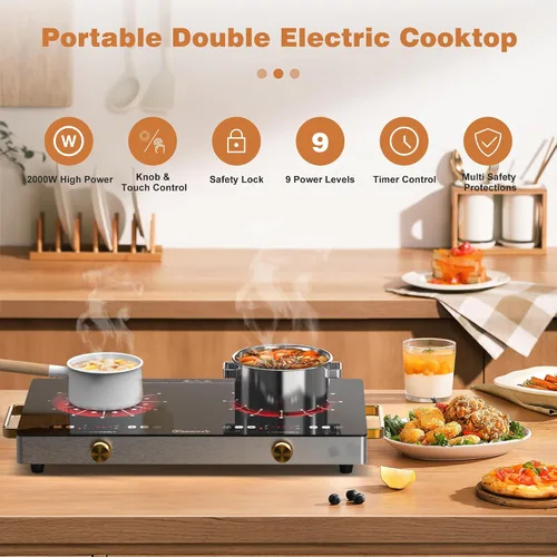 Vista 2 de Placa eléctrica de 2 quemadores con mango de 110 V, 2000 W Shard Power 24 Inch Ceramic Stove Top Countertop Burner, Knob and Touch Control with