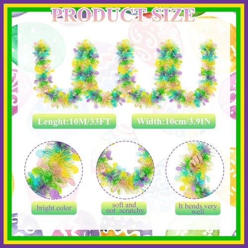 Vista 2 de Guirnalda de oropel de Pascua de 33 pies con diseño de huevo de Pascua metálico con confeti, guirnalda colgante de primavera, decoración para árbol