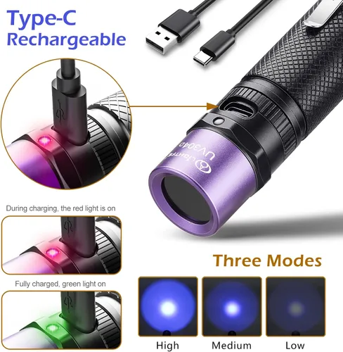 Vista 2 de Linterna UV Blacklight 365nm UV304 – Recargable, de alta potencia, compacta, impermeable, duradera, ideal para curado con pegamento UV, manchas