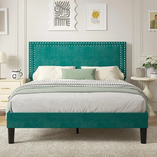 Vista 99 de VECELO Base de cama de plataforma de tamaño individual con cabecera tapizada de altura ajustable, base de colchón moderna, soporte de listones