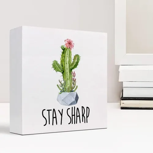 Vista 6 de z-crange Letrero inspirador de madera con texto en inglés "Stay Sharp", caja de madera motivacional para el hogar, granja, oficina, dormitorio