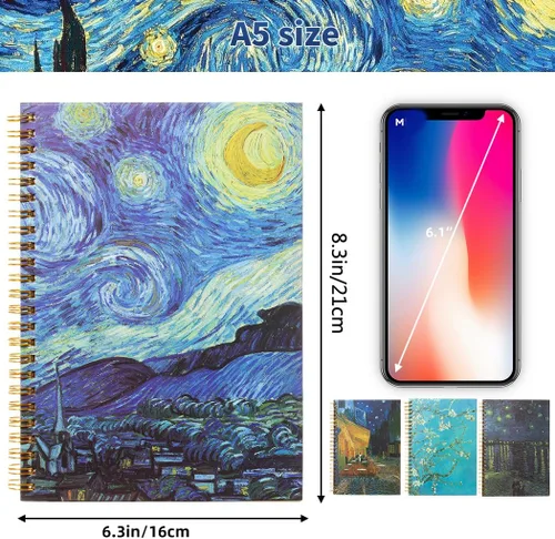 Vista 3 de 4 paquetes de cuadernos A5 Van Gogh con cubierta superdura en espiral, cuadernos de espiral con tapa dura, diarios en espiral, diarios encuadernados