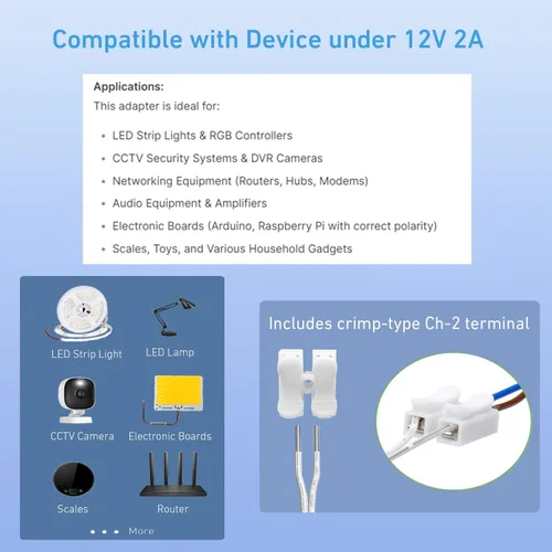 Vista 4 de Adaptador de fuente de alimentación de 12 V, 2 A, convertidor de 24 W CA/CC de 100 V-240 V a 12 voltios y extremos de cable desnudo + terminales
