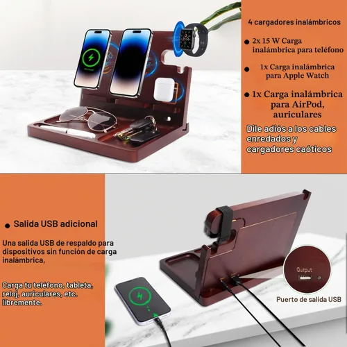 Vista 7 de Base de carga para teléfono de madera Xunhomon, estación de carga inalámbrica de 27W de carga rápida para 2 teléfonos para iOS/Android/iWatch/Air