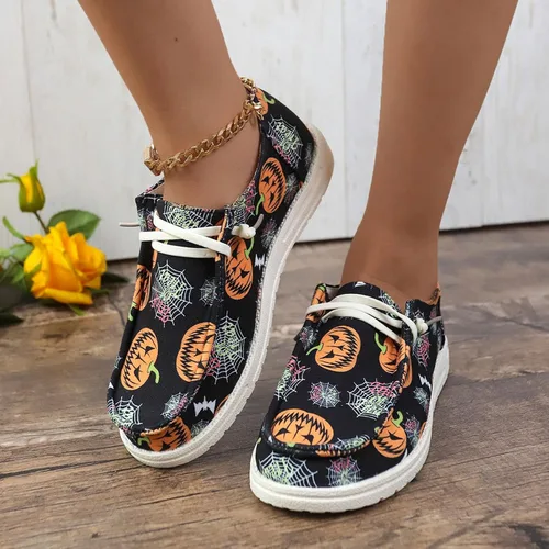 Vista 3 de Zapatos deportivos de lona con estampado de calabaza de Halloween para mujer, zapatos bajos de lona para decoración de Halloween, zapatos planos