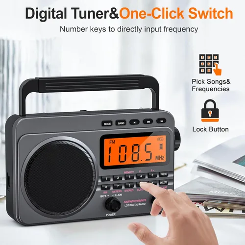 Vista 5 de Radio portátil con la mejor recepción, radio digital recargable de 4000 mAh AM FM portátil con tarjeta SD/reproducción USB, sintonizador digital