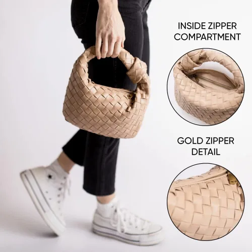 Vista 4 de Bolso de mano tejido de piel sintética suave para mujer, bolso de hombro tejido, bolso de mano casual, bolso de mano para mujer, bolso de mano