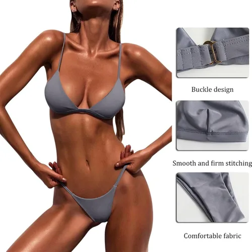 Vista 2 de Sexy Push Up traje de baño de cintura baja playa bikini conjunto sólido traje de baño tanga dos piezas mujeres traje de baño