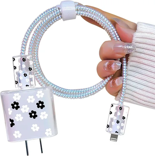 Vista 10 de Lindo protector de cable para cargador adaptador de iPhone, diseño de flores de crisantemo rojo, cable de datos de TPU suave, funda USB-C