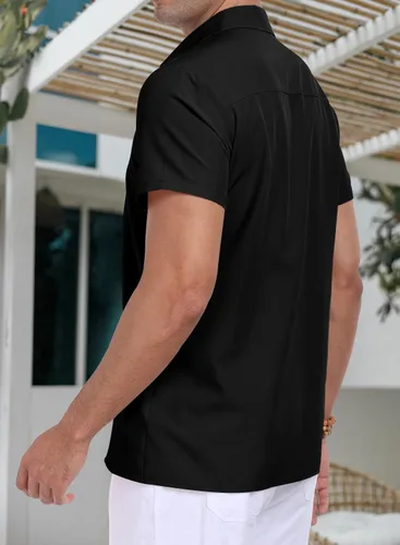 Vista 4 de Camisa de campamento cubano de manga corta para hombre, casual, verano, playa, con botones, guayabera